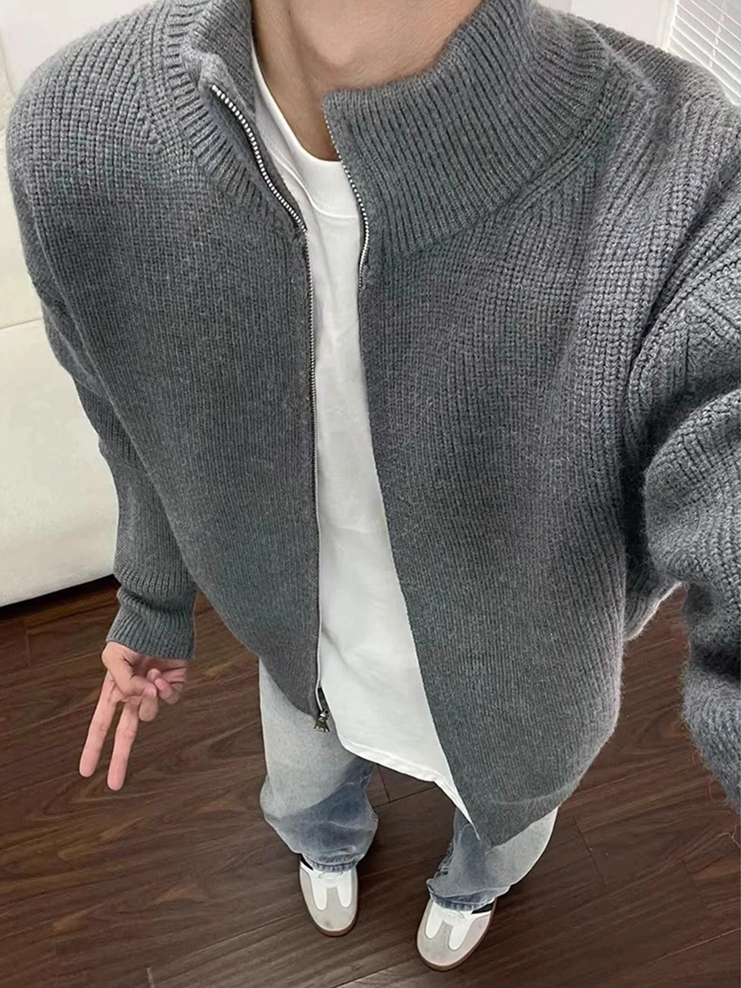 

Мужской вязаный кардиган с воротником-стойкой, повседневный, в американском уличном стиле, свободного кроя, Cleanfit, верхняя одежда