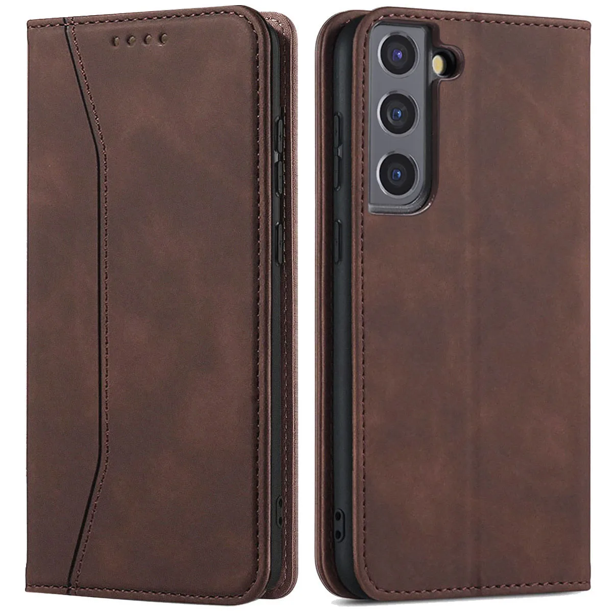 For Samsung Galaxy S22/S22 Plus/S22+ 5G Leather Case Rugged Phone Flip Card Slots Magnetic Wallet Phone Cover Dark Brown