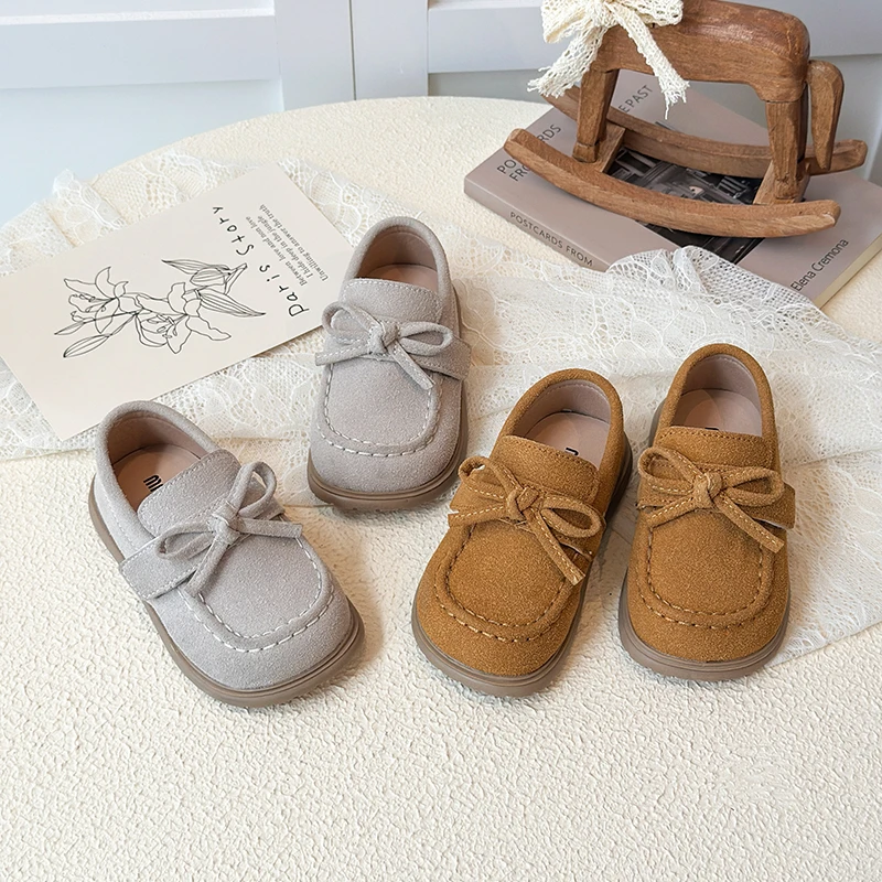 

Autumn Boys Girl's Loafers Bowknot Hook-loop Chunky Daily Kid's Flat Shoe Solid Colors Anti-slip Fashion Versatile Children Shoe