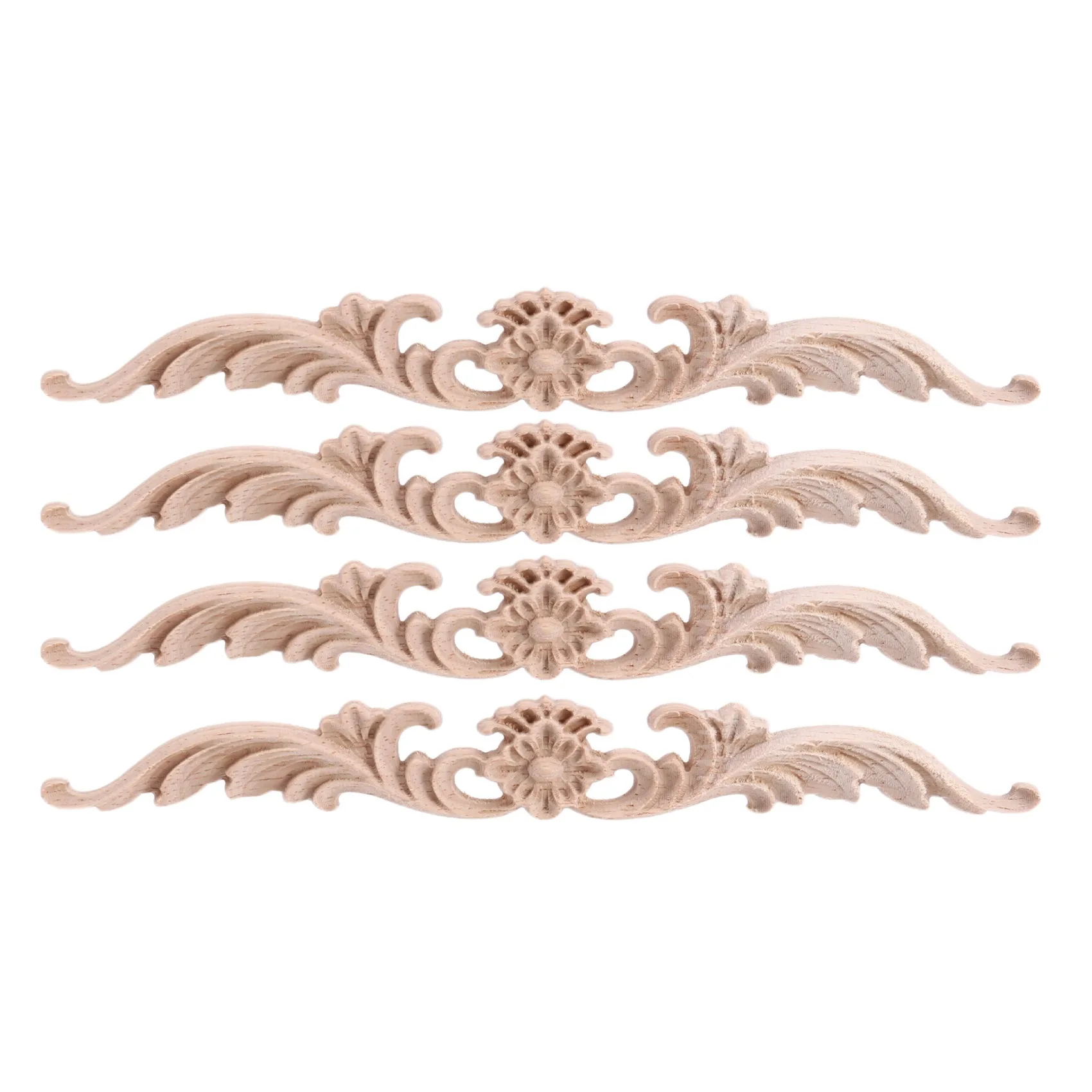 4Pcs Wood Appliques and Onlays, Unpainted DIY Decorative Wood Carved Onlay Appliques for Bed Door Cabinet Wardrobe