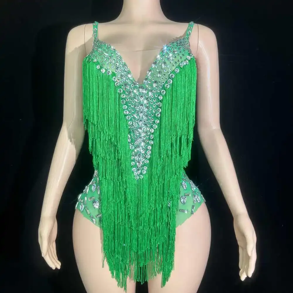 

Sexy V Neck Slip Performance Dance Costume Singer Dancer Leotard Show Stage Wear Sparkly Rhinestones Tassels Bodysuit