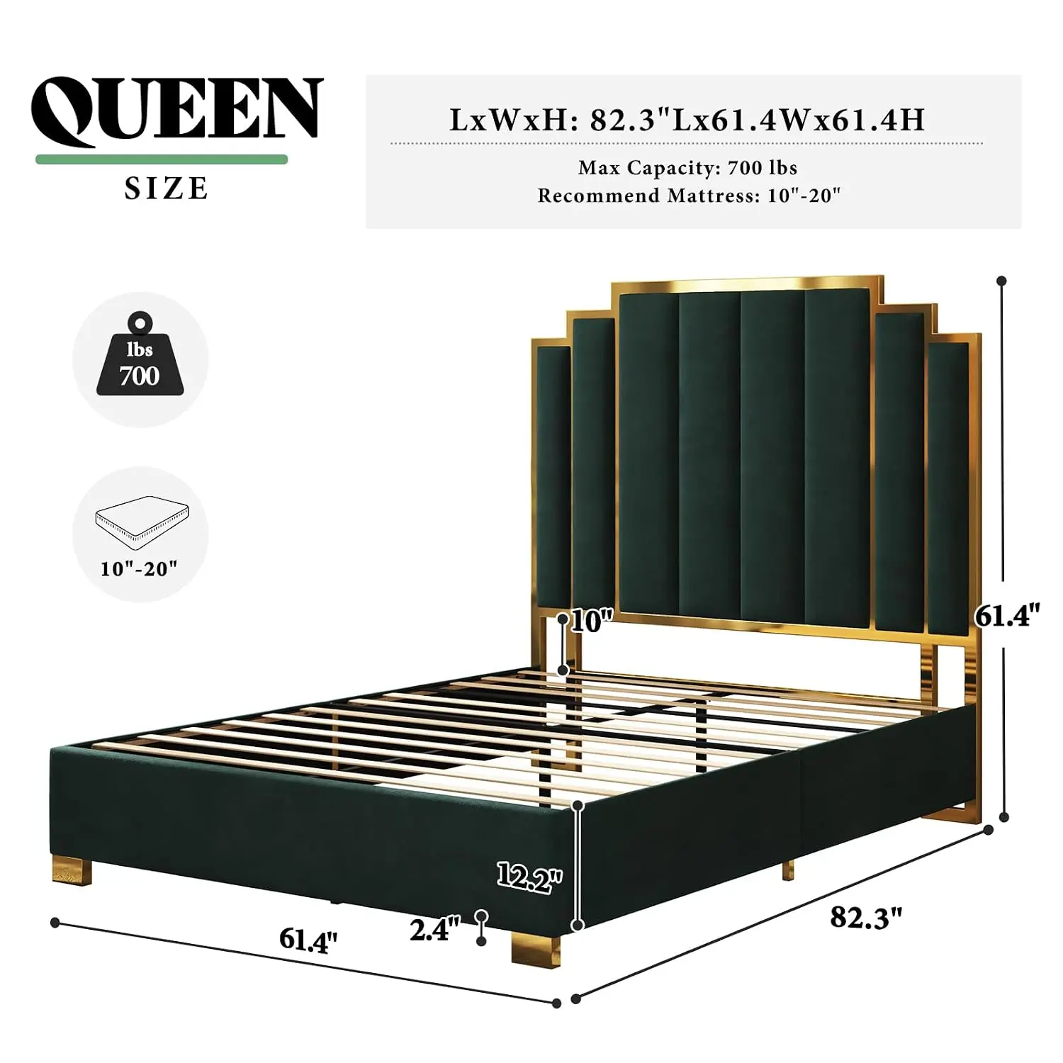 Velvet Upholstered Queen Bed with Gold Trim Headboard 61.4