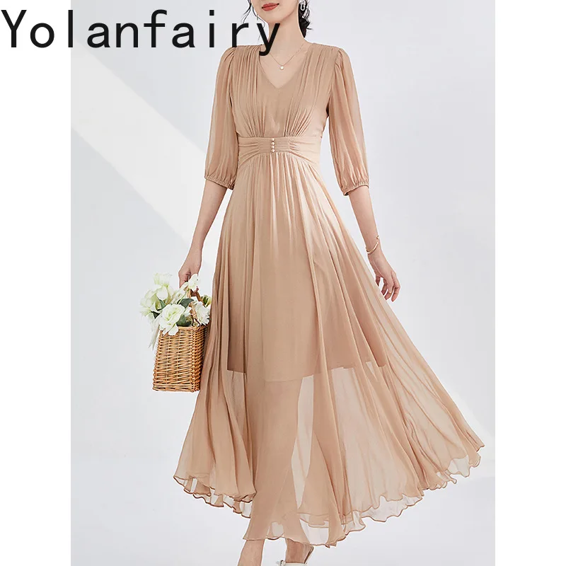 YOLANFAIRY élégant 100% véritable robe en soie de mûrier femme Style français 2025 robes d'été femmes mode plis robe de vacances kez1]