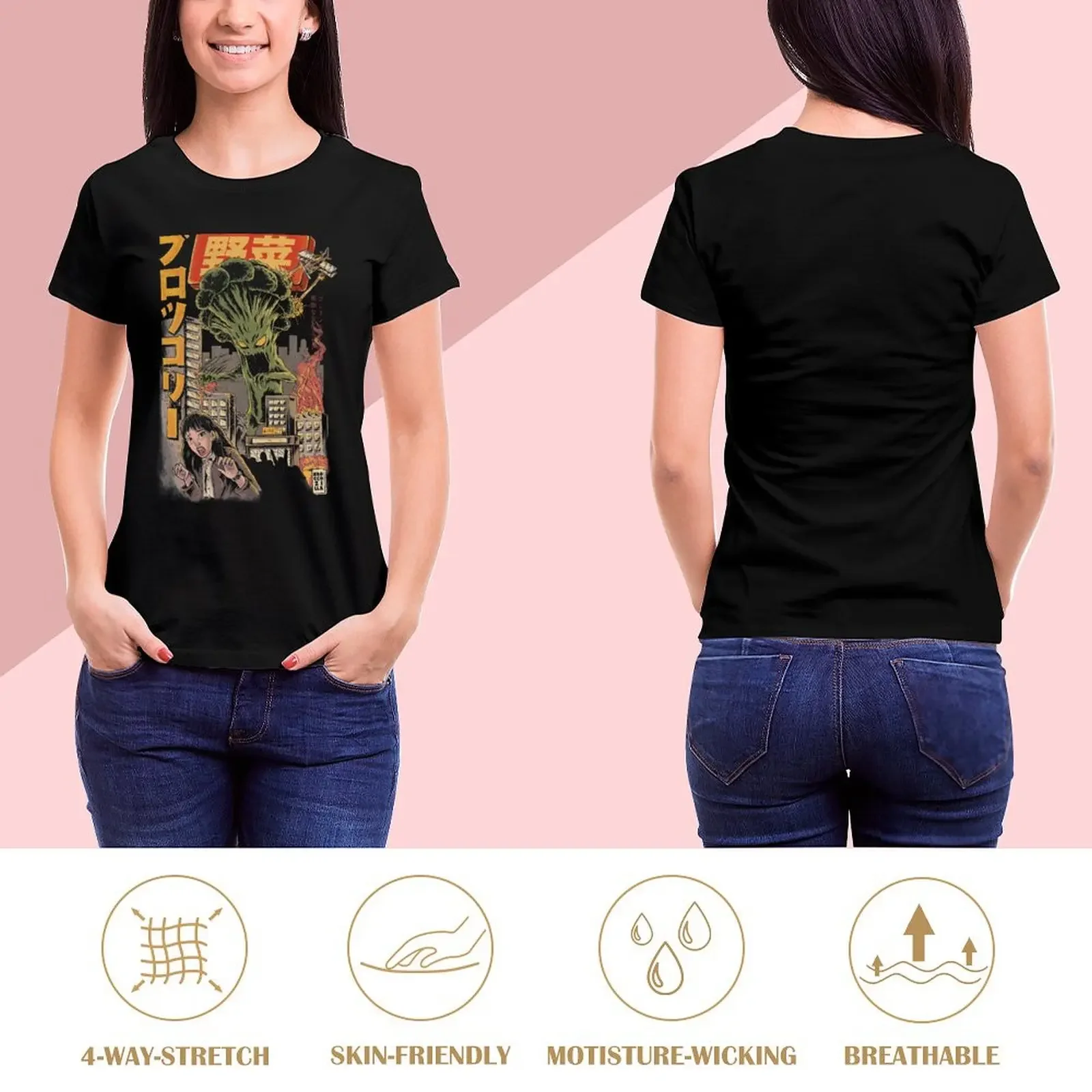 Broccozilla-Camiseta versión negra para mujer, tops bonitos con estampado de animales, ropa bonita, camisetas negras con estampado animal