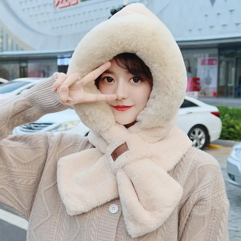 Winter Warm Hats Scarf Set Hooded for Women Plush Neck Warm Hats Outdoor Ski Windproof Hat Thick Plush Fluffy Beanies