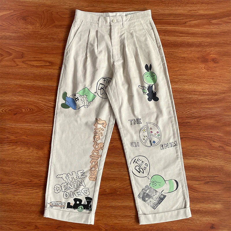

Kapital Kountry Japanese Sle Casual Cartoon Print Waed Outdated Corduroy Long Pants Straight Leg Elastic Waist Cotton You...