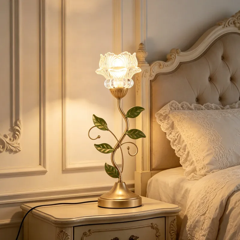 French Green Leaf Flower Led Atmosphere Table Lamp American Retro Wrought Iron Bedroom Store Decorative Sconce Lighting