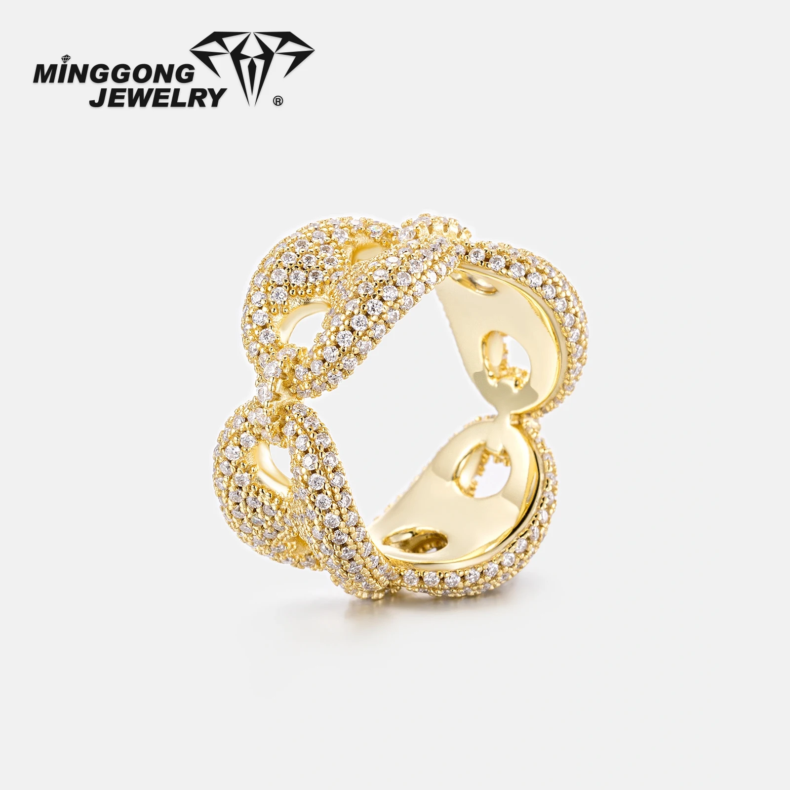 Aanpasbare 12 mm G-Link hiphopstijl Moissanite ringen nieuw ontwerp 925 zilver 10K/14K massief goud VVS voor mannen en vrouwen