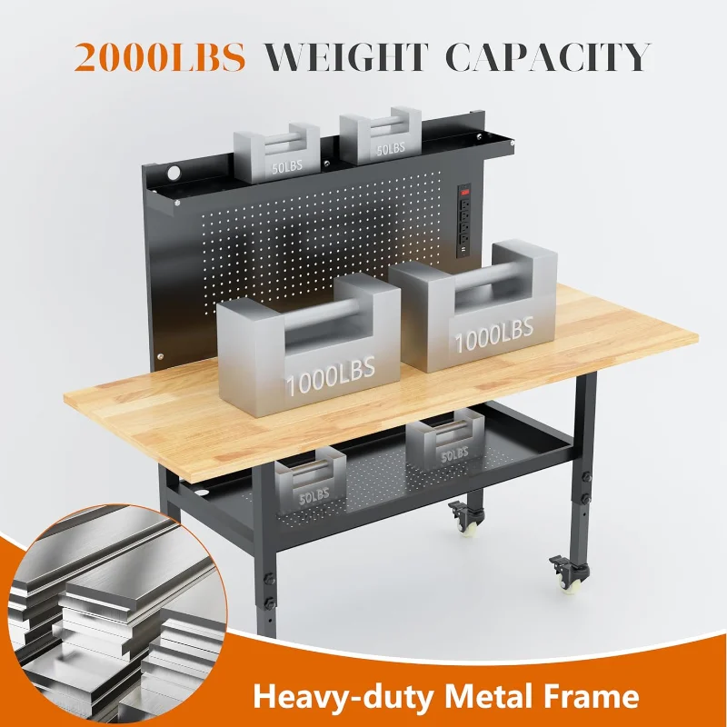 60" Heavy Duty Adjustable Workbench with Large Pegboard& Partition, Adjustable Work Table with Power Outlets & Lockable Wheels