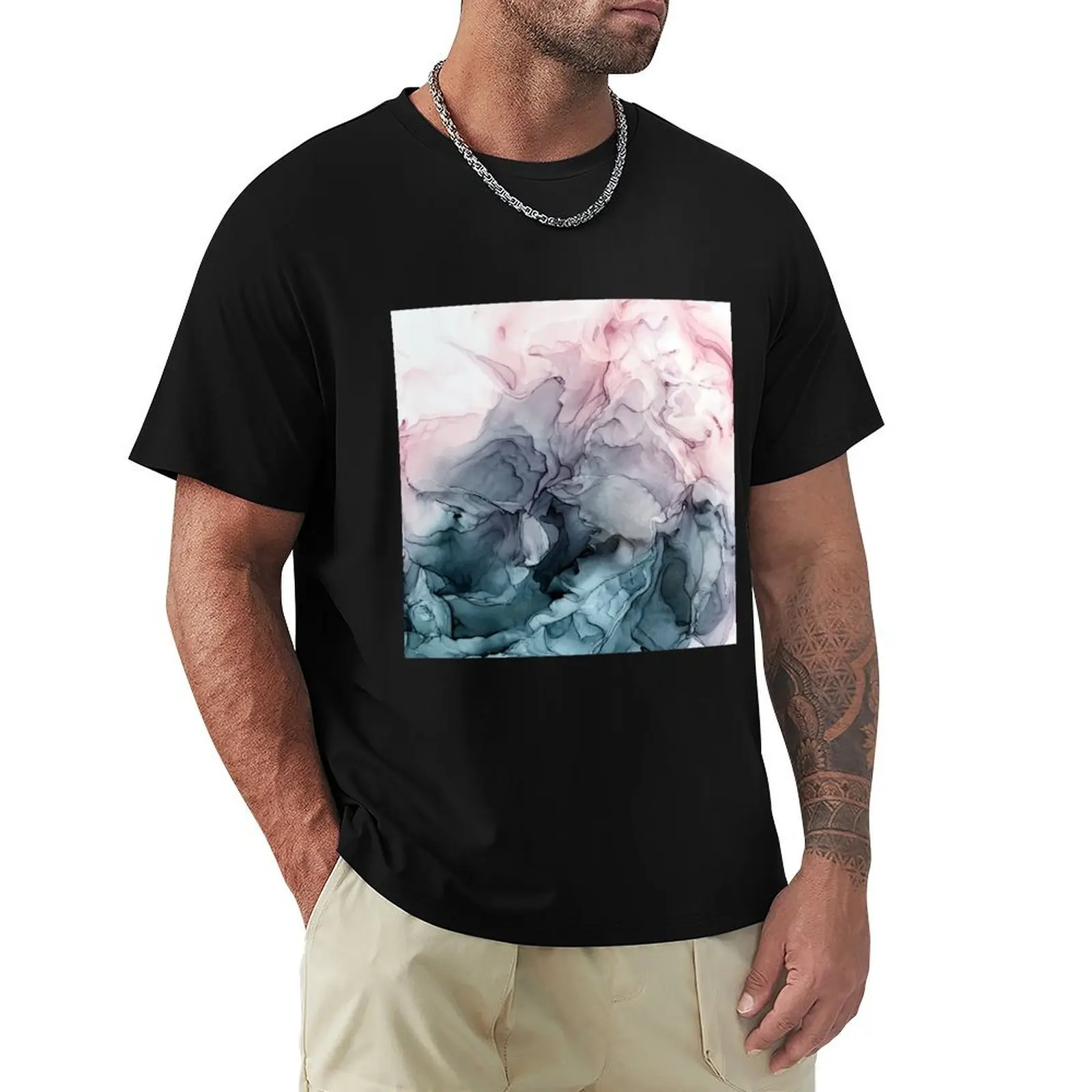 Blush and Payne's Grey Flowing Abstract Painting T-Shirt Thanksgiving Day Tee Top