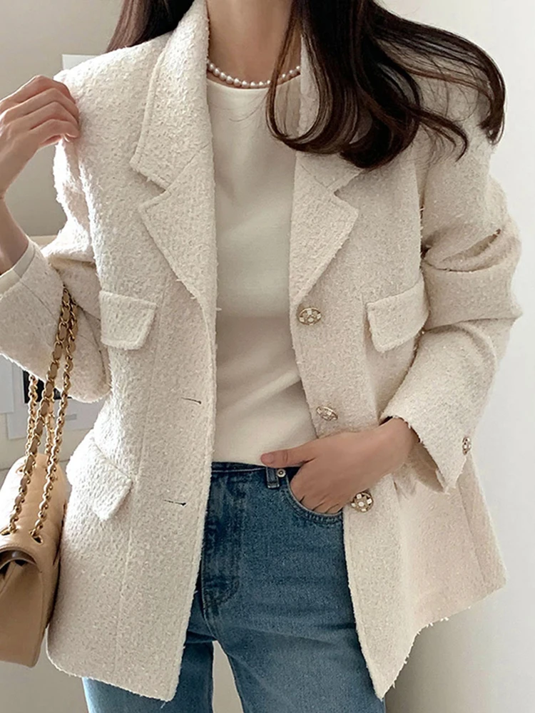 Temperament Diamond Buttons Single Breasted Long Sleeve Long Sleeve Tweed Coats Casual Loose Long Sleeve Jacket Autumn X530