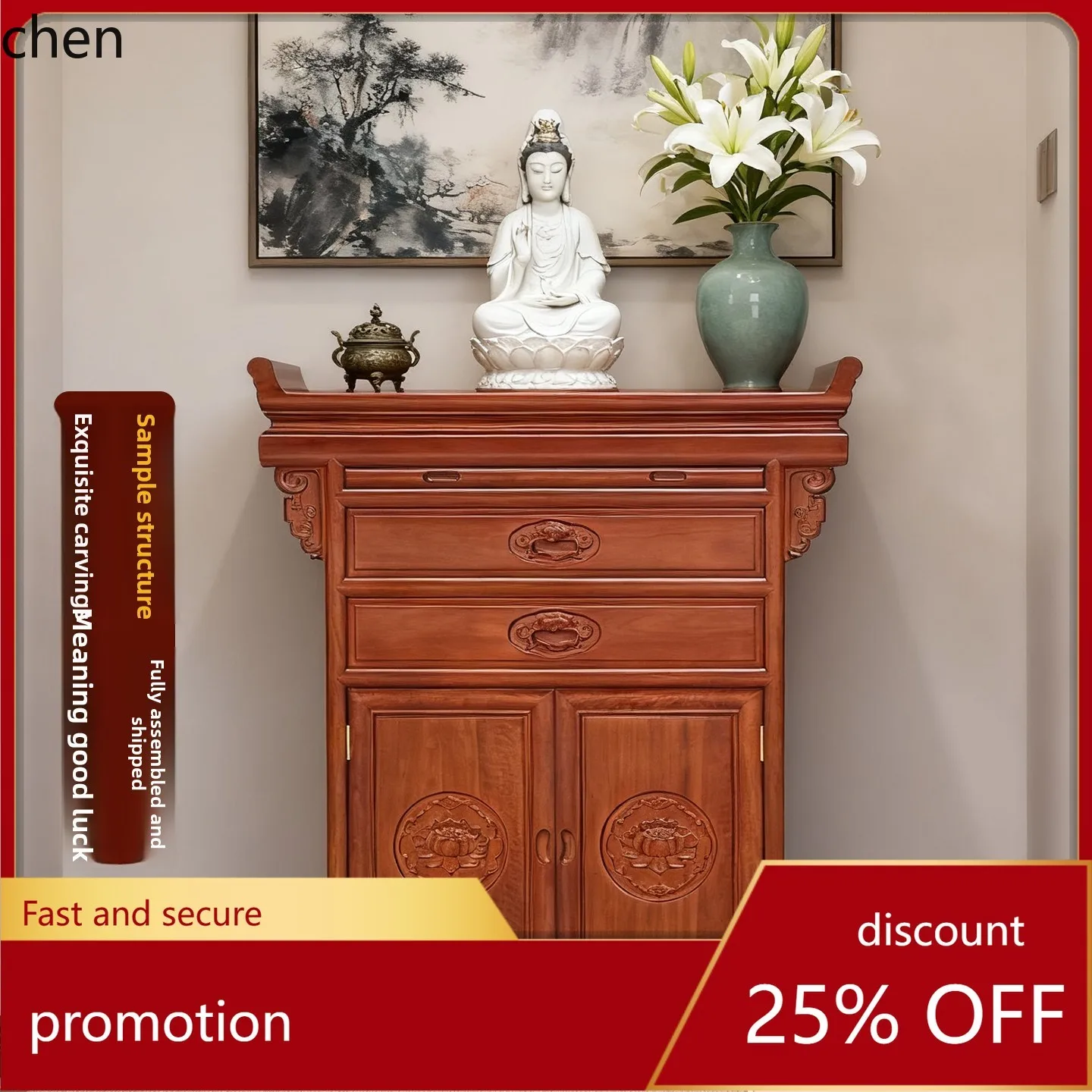 HT Altar High-end Buddhist Shrine New Chinese Style Bridge Tabletop Home Offering Table Modern Cabinet with Doors