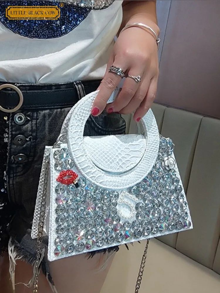 

Women Cow Split Leather Shiny Diamonds Handbag Flap Pocket Buckle Designer Rhinestone Chain Lady Shoulder Crossbody Underarm Bag