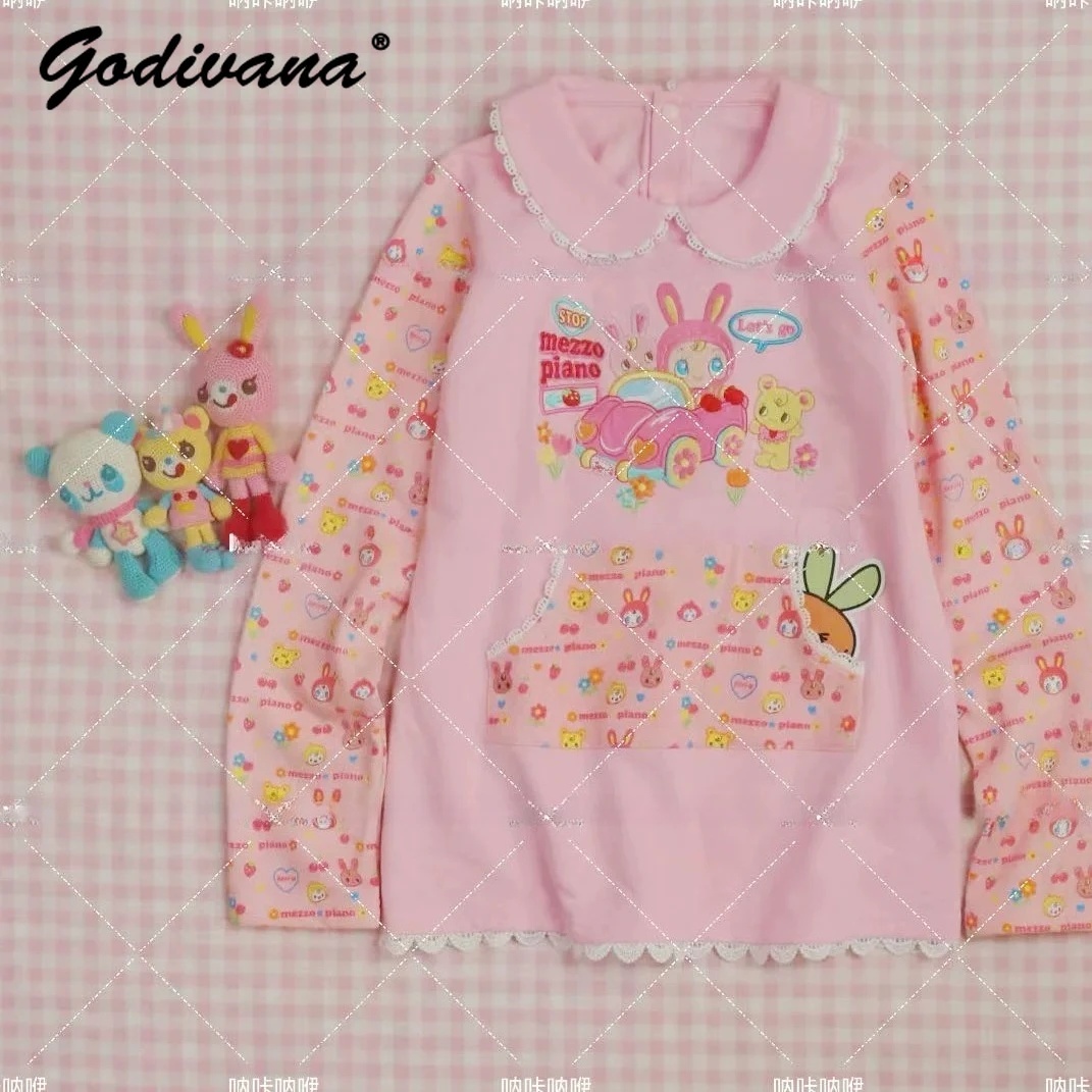 Japanese Kawaii Soft Girls Sweet Cute Cartoon Embroidred Long Sleeve Top New Spring Doll Collar Daughter Pink T-shirt Pullovers