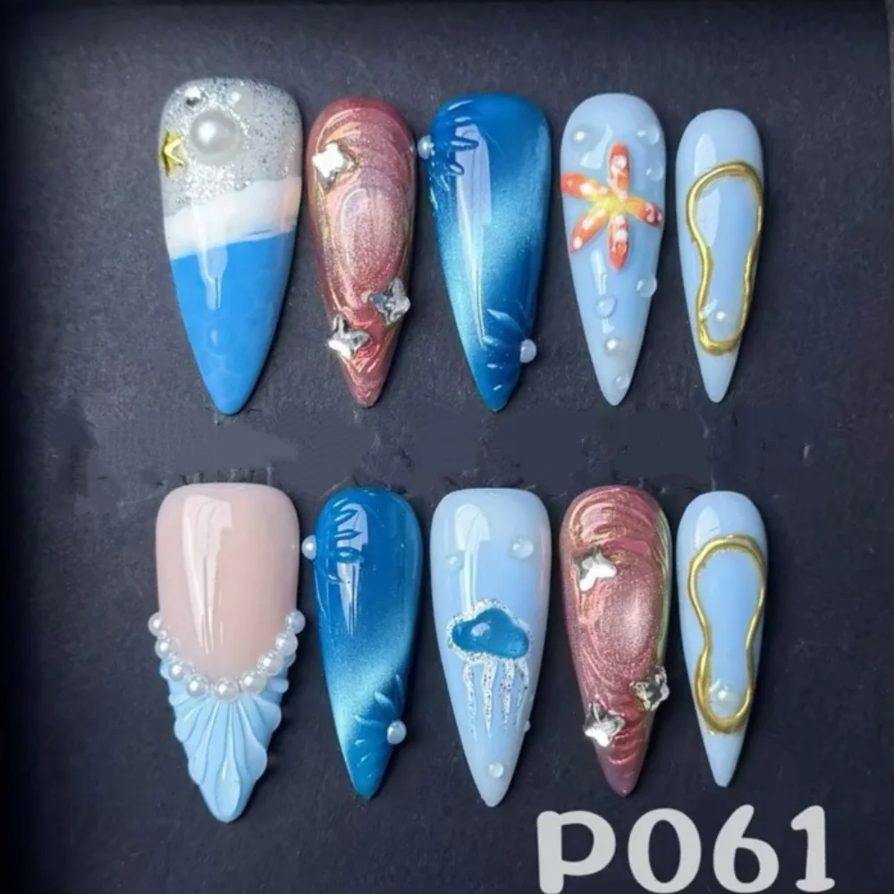 

10 шт., наборы накладных ногтей ручной работы, многоразовые накладные ногти с океанским узором, синие длинные накладные ногти на шпильках с жемчужным дизайном и стразами, накладные ногти