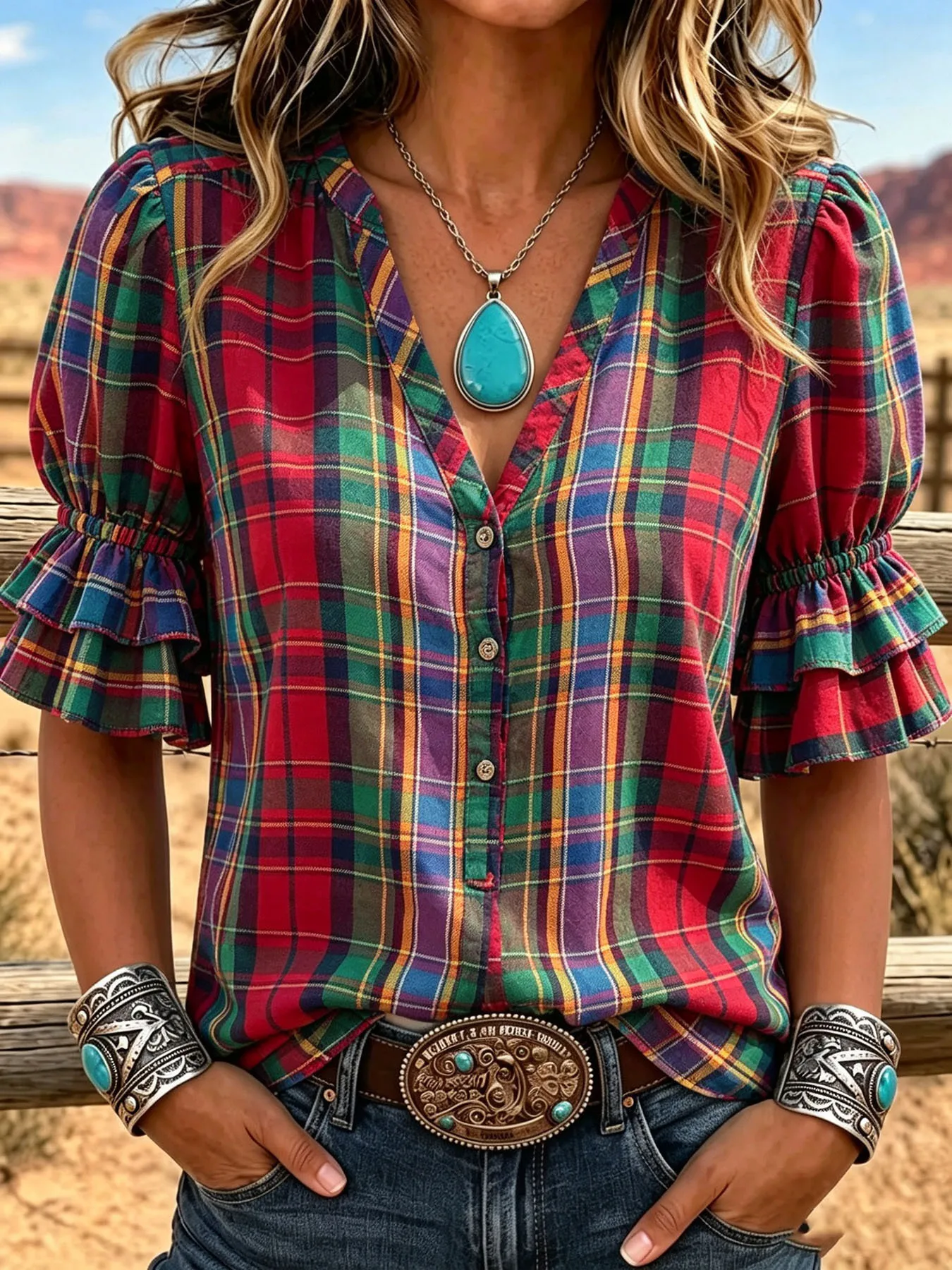 Women Women Blouse V Neck Plaid Print Puff Elbow Sleeve Ruffle Cuff Button Front Casual Western Farm Tops - Aliexpress Deal