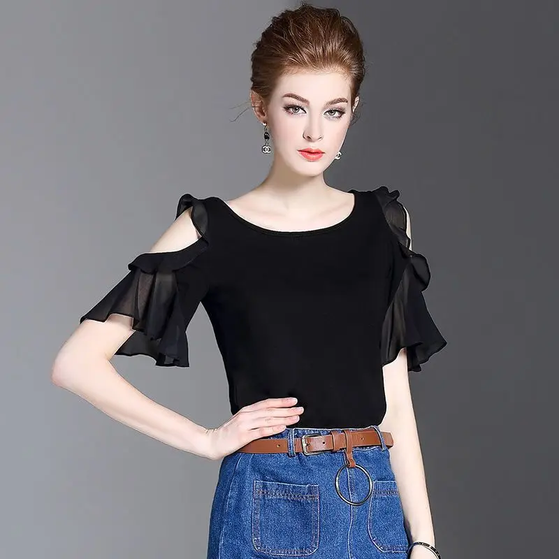 Nieuw zomershirt zwarte chiffon blouse dames elegante high-end uitgeholde ruchemouwen