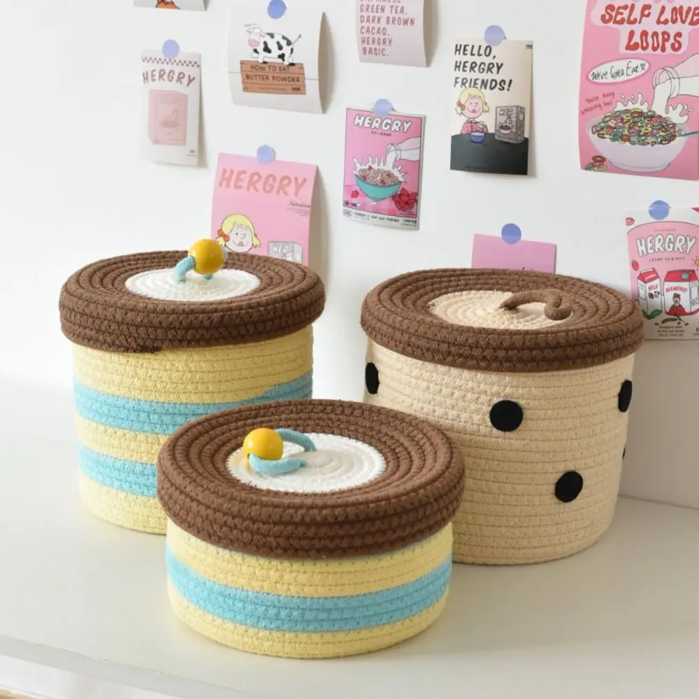 

Cotton Thread Cute Cotton Woven Basket Macaron Color Handmade Ins Desktop Storage Box with Cover Space Saving