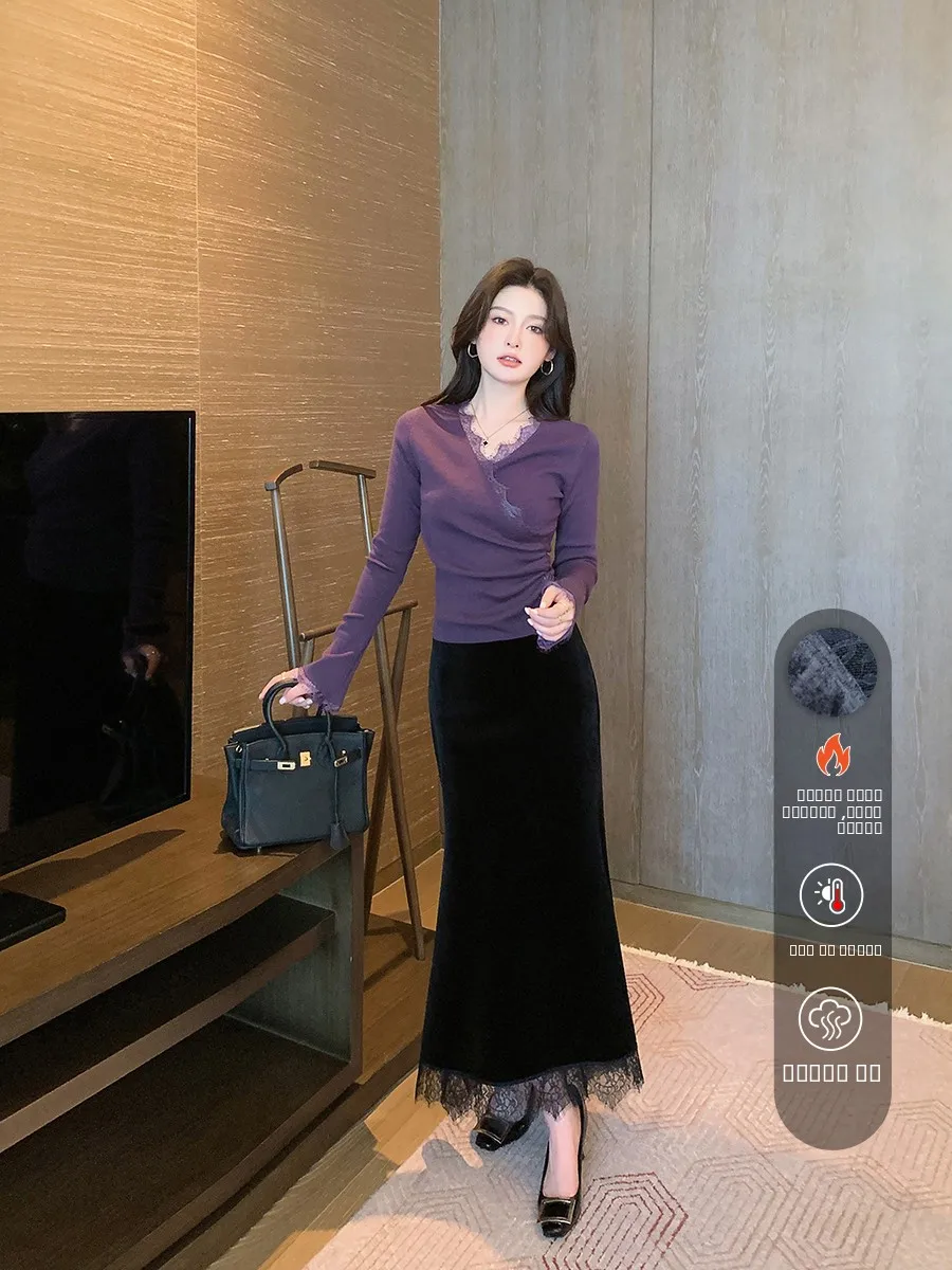 

Женская юбка-русалка Ele средней длины из бархата с кружевными вставками, осенне-зимняя, с высокой талией, на боковой молнии, мягкая, комфортная, шелковистая