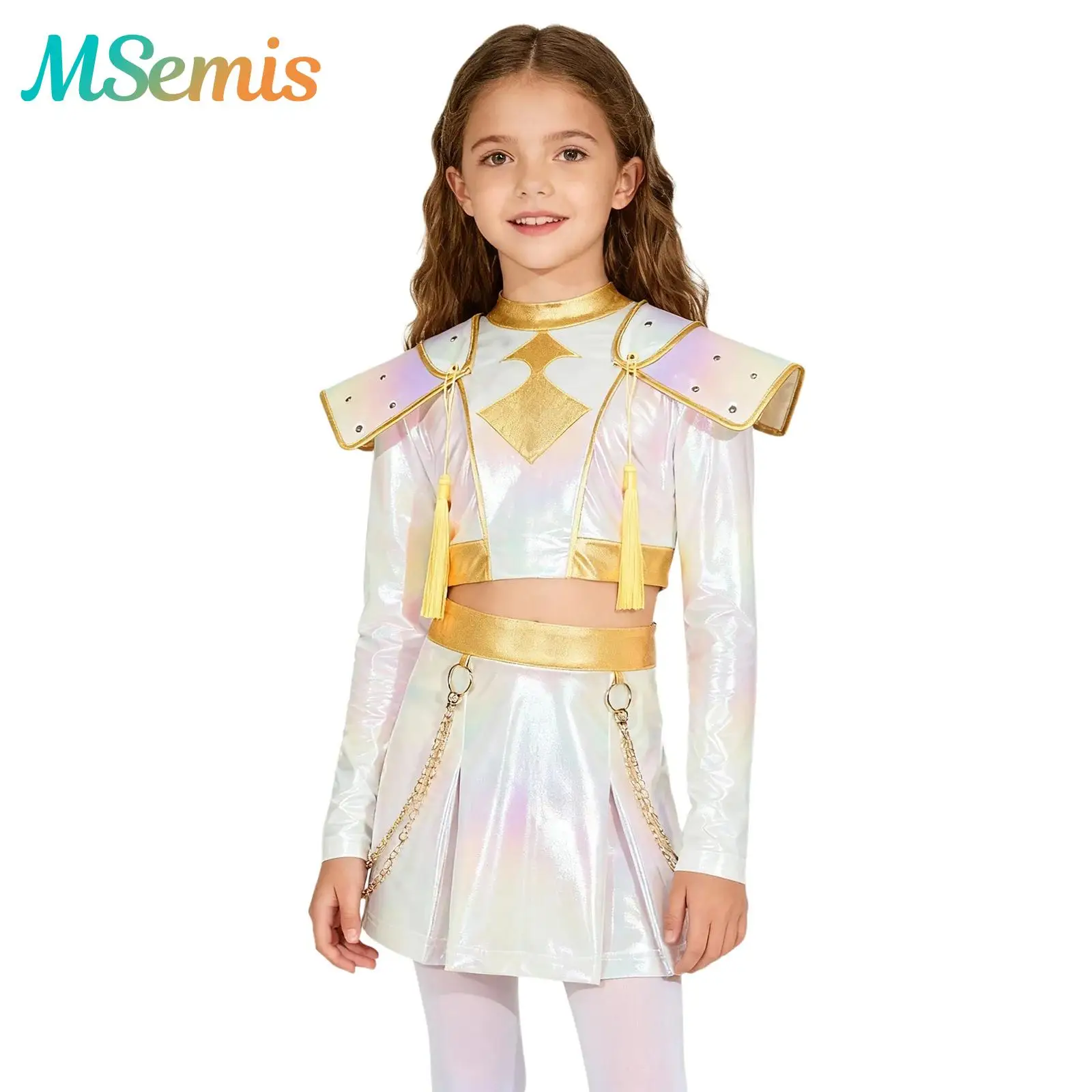 

Girls Anime Character Demon Costume Cosplay Outfit Gloss Chest Tassel Decor Hunter Crop Top And Skirt with Waist Chains