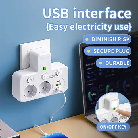 EU Plug Power Strip 4 AC 2500W Socket with Individual Switches Night Light Flame Retardant Multi Plug Adapter for Home Office