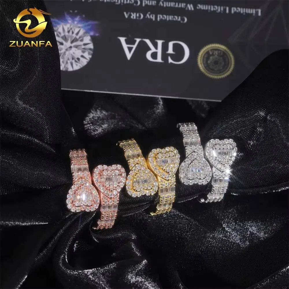 

Hot Sale Hip Hop GRA Certificate 925 Silver Iced Out Cuban Rings Heart Customized Moissanite Diamond Ring