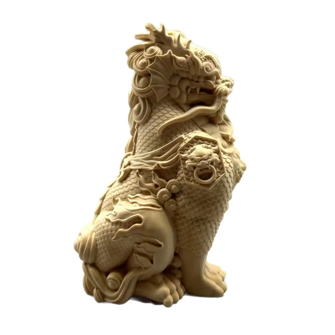 Solid Boxwood Carving Fire‑Detail Kylin Ornament, Hand‑made Pocket Hand Grip, Tabletop Display Art Present