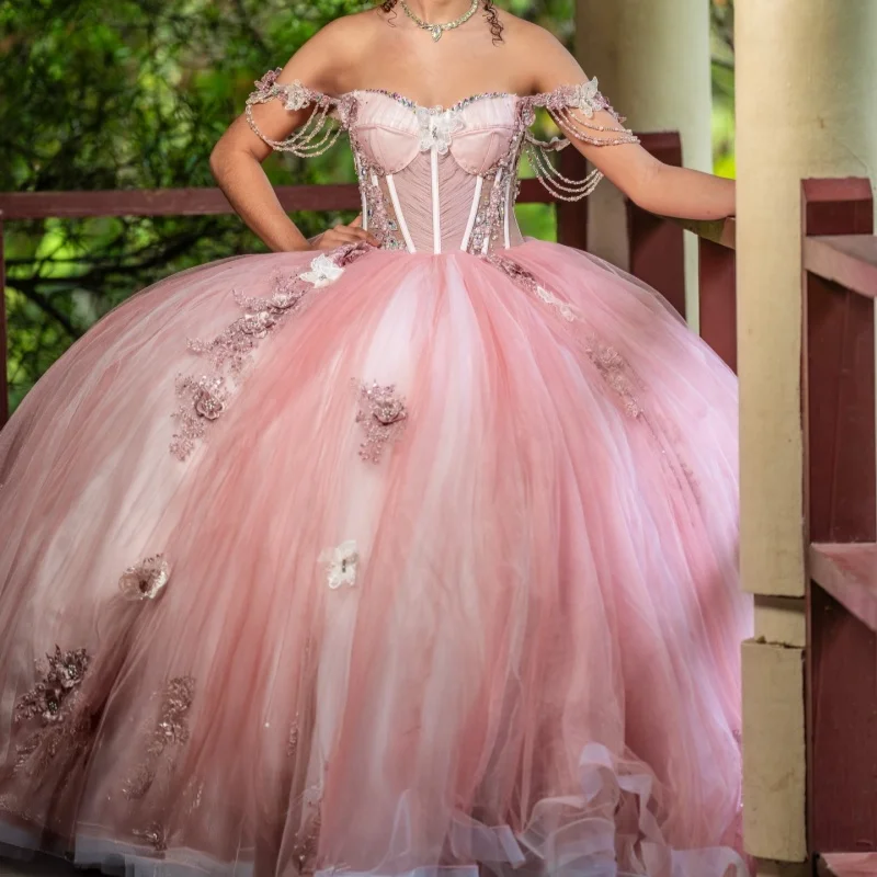 

Pink Quinceanera Dresses Off the Shoulder Sequin 3D Flower Decal Beads Long tail Bow Vestido De 15 Quinceanera Customize