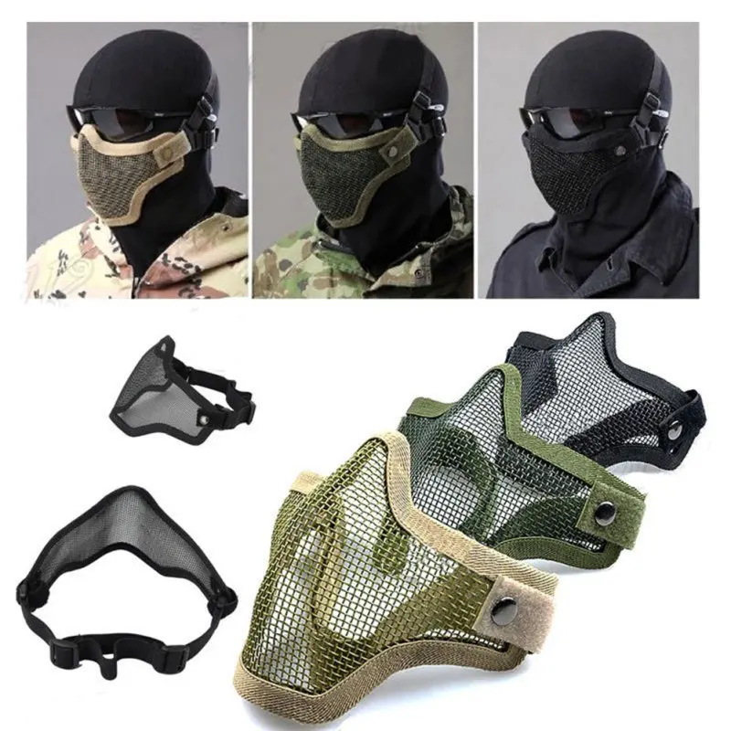 Máscara táctica de media cara para caza al aire libre, malla metálica, Calavera, cara inferior, Airsoft, Paintball, accesorios