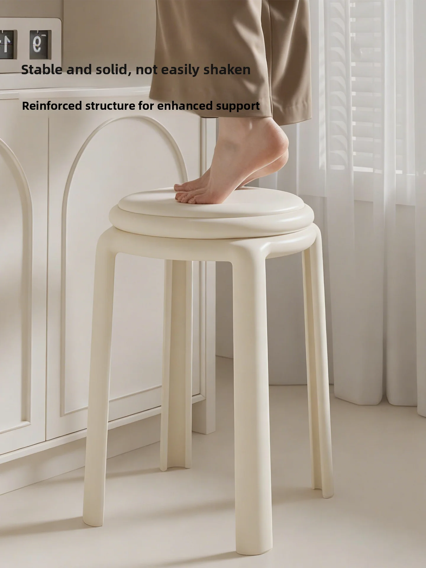 Plastic stools can be stacked for household use, strong and durable, thickened living room, spare soft bag cream wind round benc