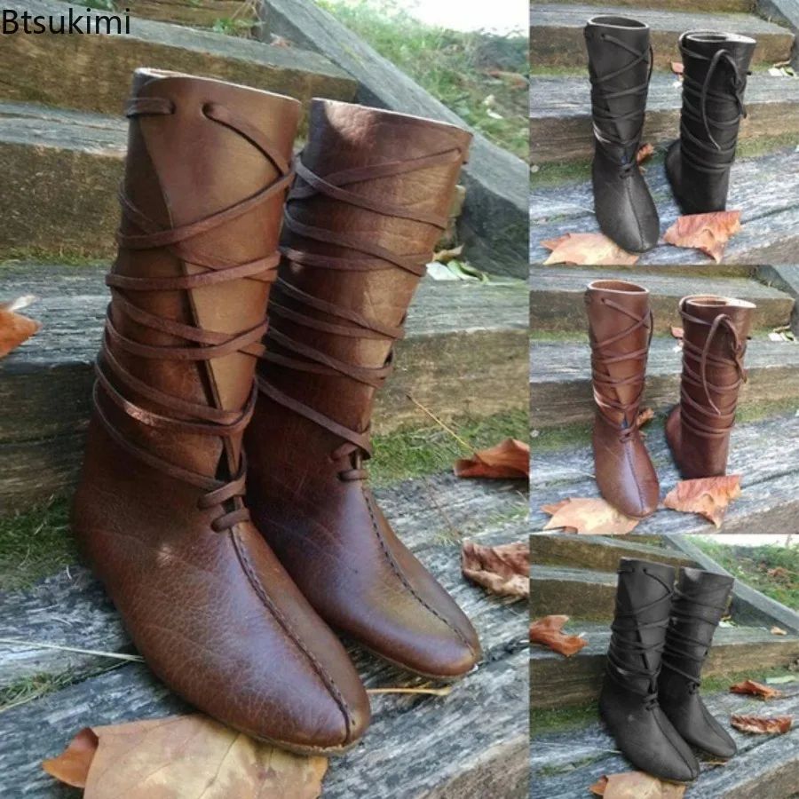 Zapatos de Cosplay Vikingos Medievales 2026, Zapatos de Cosplay de Caballero Renacentista, Zapatos de Cosplay de Halloween, Botas de Hombre con Cordones de Cuero PU