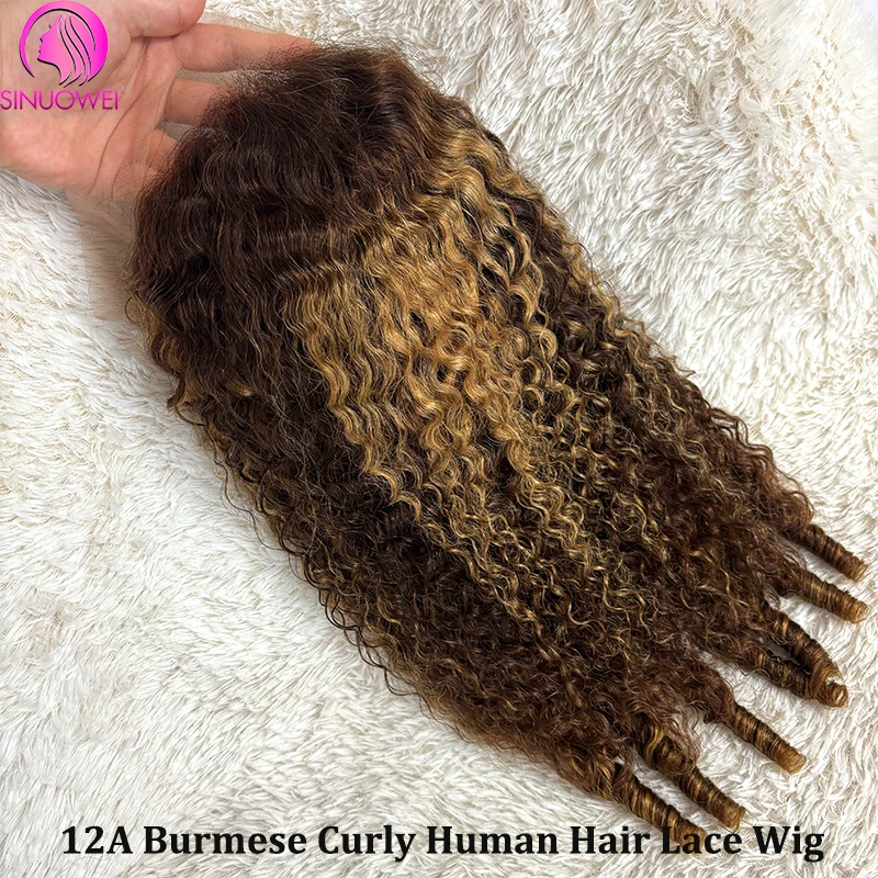 

12A Highlight Burmese Curly Human Hair Lace Wigs For Women 13x6 Lace Frontal Wig Ombre Honey Blonde Human Hair Pixie Curls Wigs