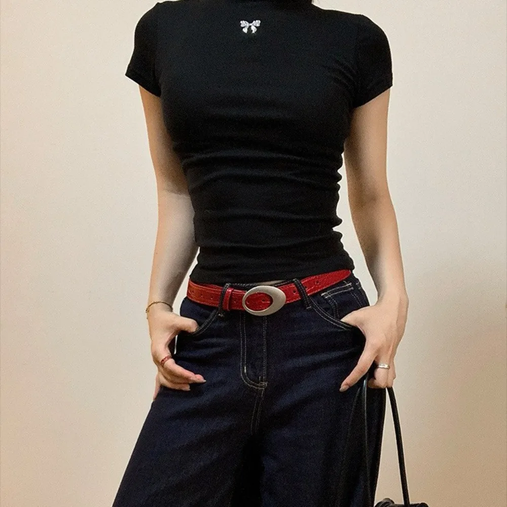 Adjustable Women's Crocodile-patterned Belt Simple Pin Buckle Imitation Leather Metal Buckle Vintage Belt Red Black