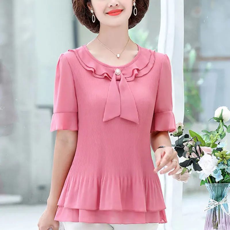 

Casual O-Neck Bow Shirt Summer Fashion Ruffles Folds Commute Women's Clothing Short Sleeve Korean All-match Solid Color Blouse