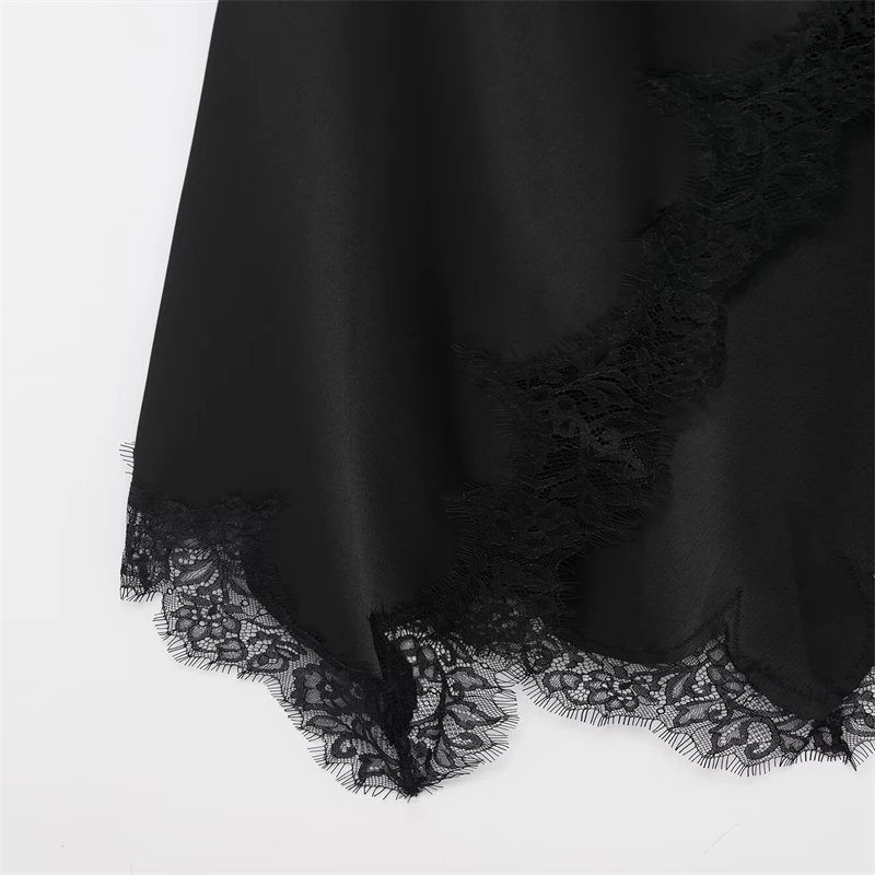 Robe à bretelles en satin noir pour femme avec bordure en dentelle, col bénitier, bretelles spaghetti, ourlet asymétrique, robe de soirée