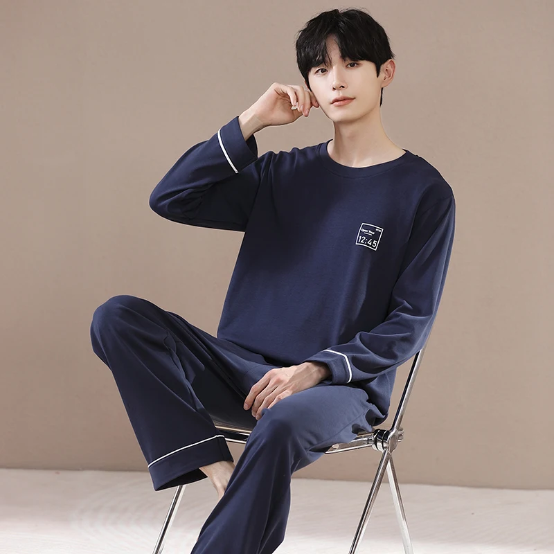 Cotton Pajamas Set for Men Pullover Long Sleeves Sleeping Top Trousers Homewear Male Pjs Pyjamas Homme Big Size L-3XL Loungewear