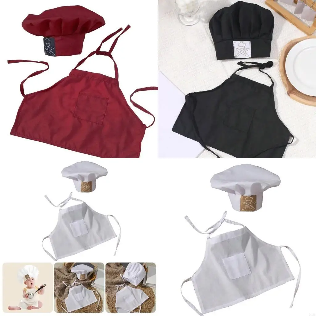 

76HF 2PCS Baby Cook Outfit Set Fun and Unique Newborns Photoshoots Props Cook Hat and Matching Apron Role Playing Clothes