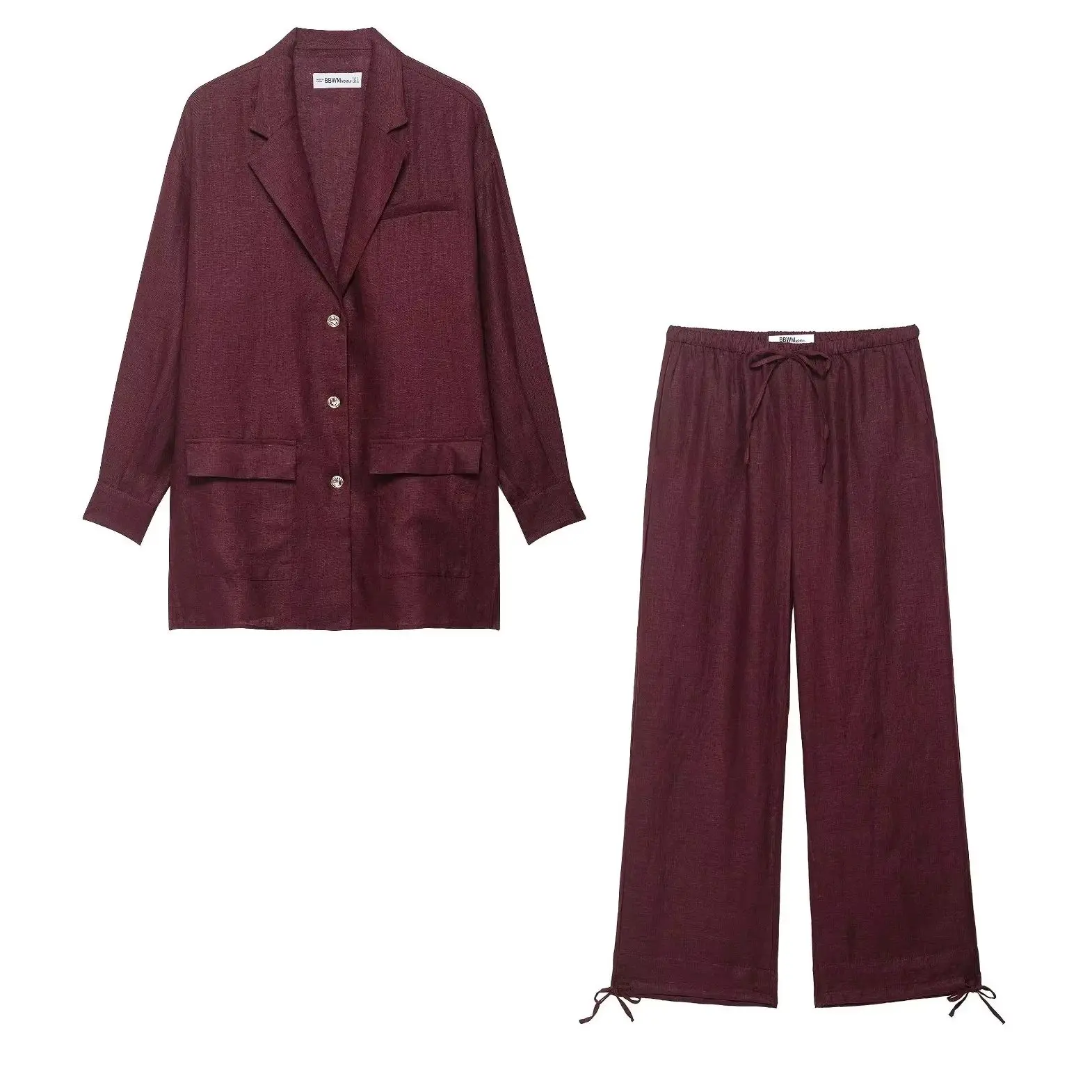 KONDALA Chic Autumn Wine Red Office Lady Flax Woman Suits Single Breasted Long Blazer+Drawstring Pants Fashion 2025 Female Set