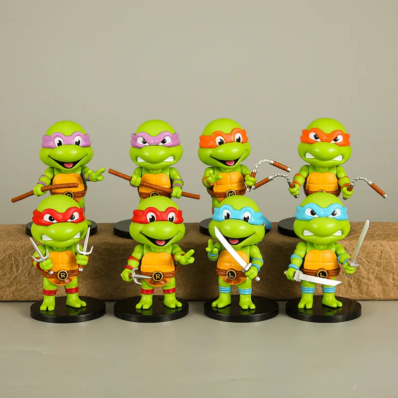 Nuevas figuras de las Tortugas Ninja en versión Q, adorables y perfectas para decorar el salpicadero del coche, el escritorio o como adorno. Muñecos y juguetes, un regalo ideal para los fans de TMNT.
