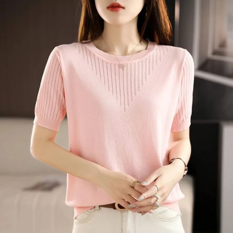 Summer Solid Color Round Neck Pullover Women\'s Sweater Knitted Short Sleeve T-shirt Fashionable Office Lady Hollow Out Tops