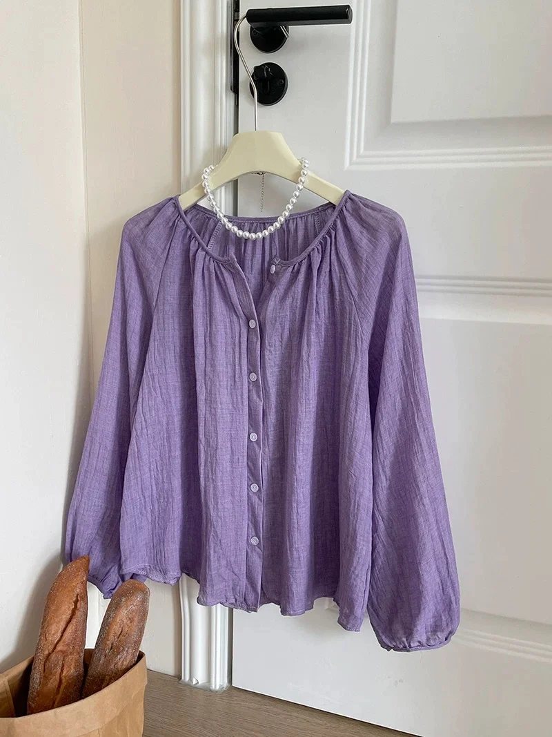 Balloon Sleeves Sunscreen Shirt Woman Vintage O Neck Cotton and Linen Sunscreen Shirt Loose Casual Solid Women's Clothing