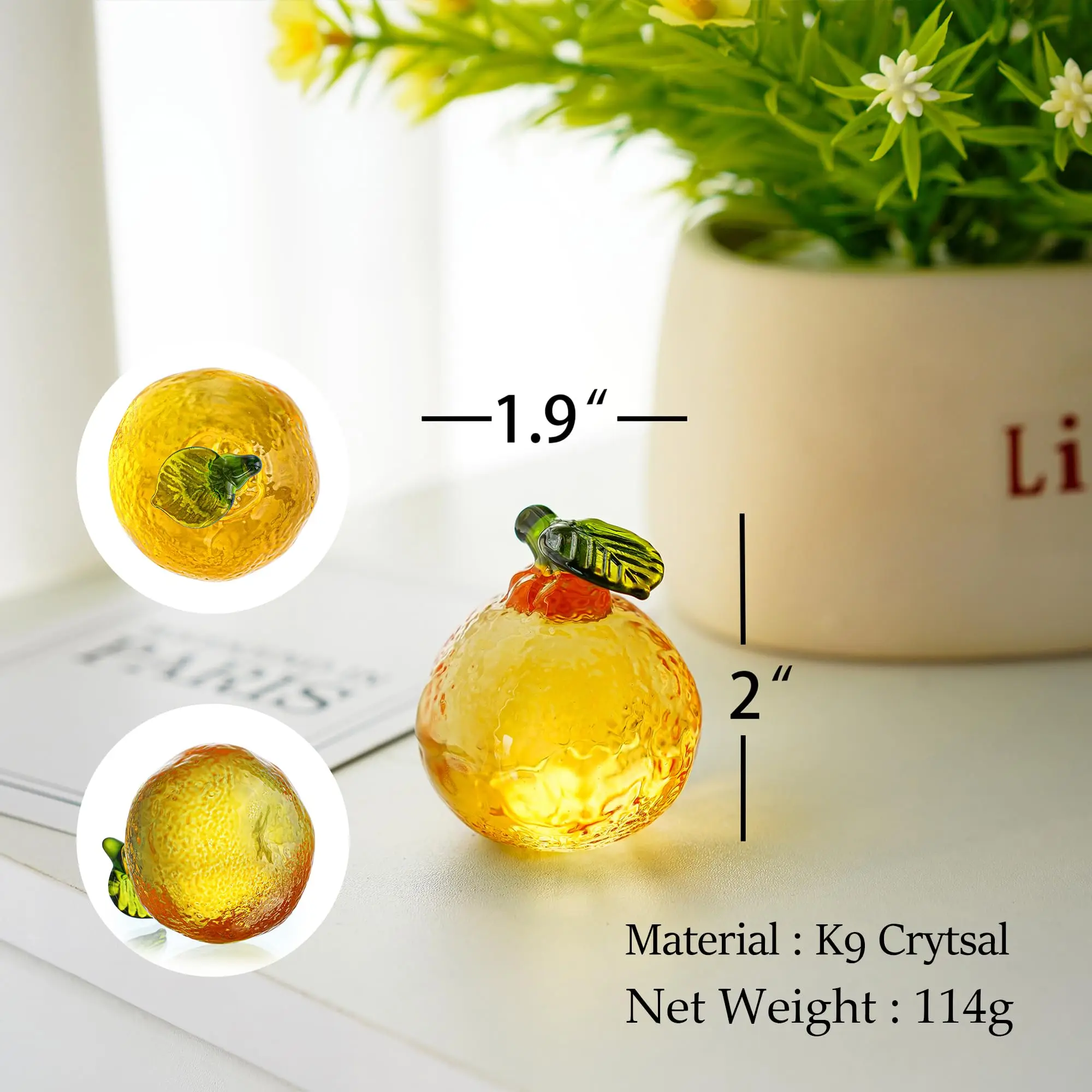 Hand Blown Glass Orange Figurine Crystal Tangerine Fruit Ornament for Home Office Kitchen Decor Light Luxury Desktop Accessory