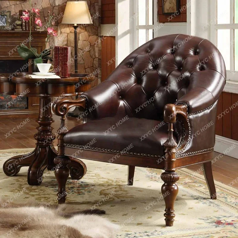 

Американский диван-кресло из цельного дерева, кожаная вилла, роскошная гостиная, светлый роскошный кожаный стул для отдыха