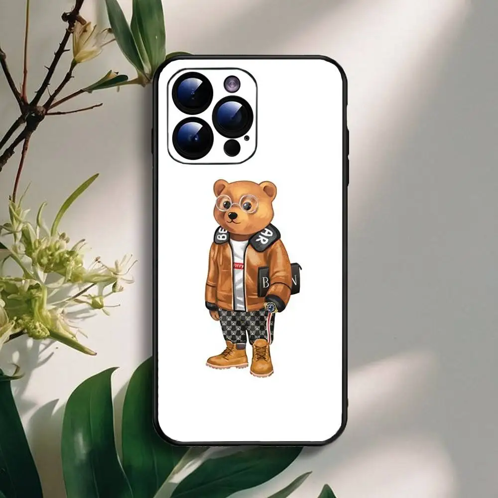 حافظة هاتف عصرية B-Baron F-Filou B-Bear لهاتف iPhone16,15,14,13,12,11 Plus,Pro Max,XS,X,XR,SE,Mini,8,Soft غطاء أسود من السيليكون