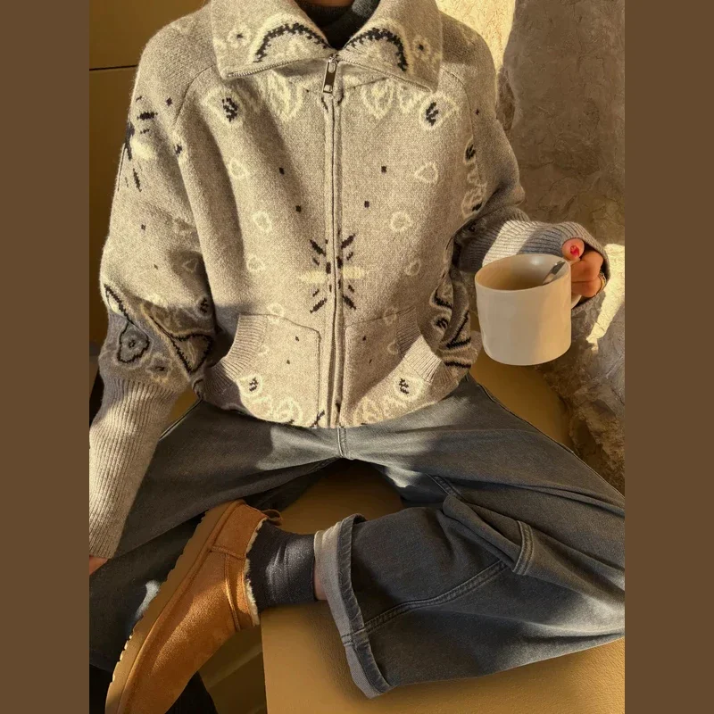 2026 Lente Losse Gebreide Jacquard Stand Kraag Vrouwen Vest Rits Volledige Mouw Zakken Losse Trui Mode Dame Zachte Truien