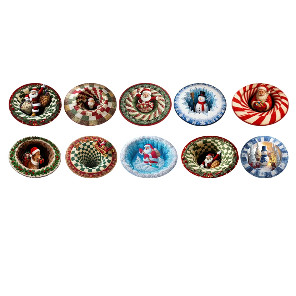 1PCS 16inches Christmas 3D Rugs Circle Non-Slip Optical Illusion Rug Welcome Door Mat Home Decor Christmas Room Decoration