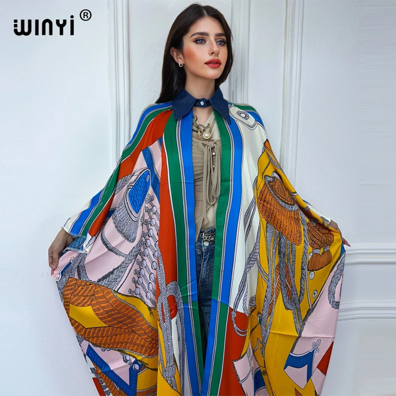 WINYI summer neckline robes Loose Women's batwin Sleeve boho Printed Elegant Casual Vacation Loose Dresses long cardigan coat