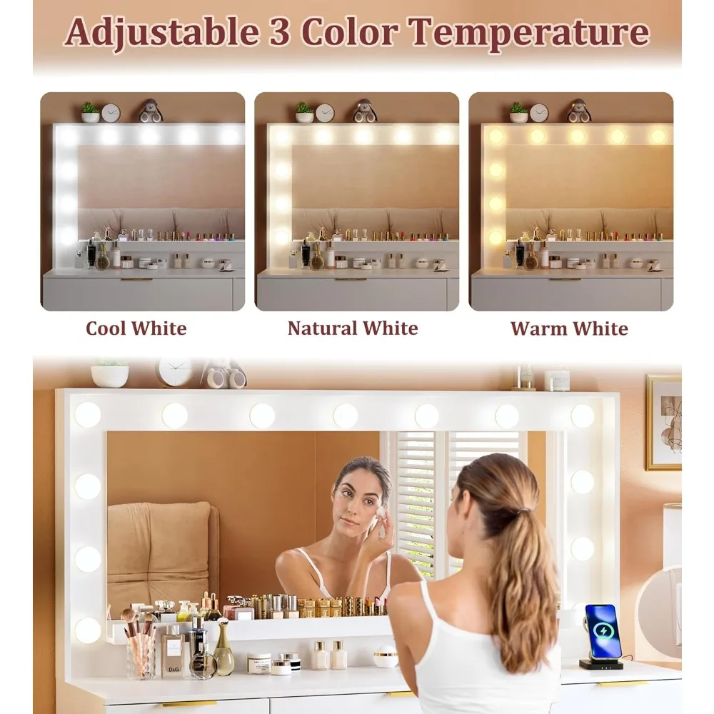 مكتب فانيتي مع مرآة وأضواء كبيرة، مكياج مقاس 45.3 بوصة مع مخرج طاقة و9 أدراج وتخزين، 3 ألوان إضاءة قابلة للتعديل #3