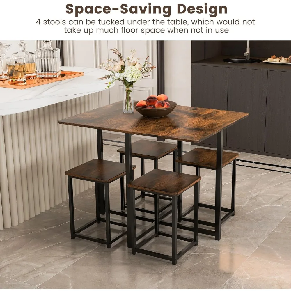 Dining Table Set for 4, Small Kitchen Table Set with Square Stools and Metal Frame, Perfect for Small Spaces, H