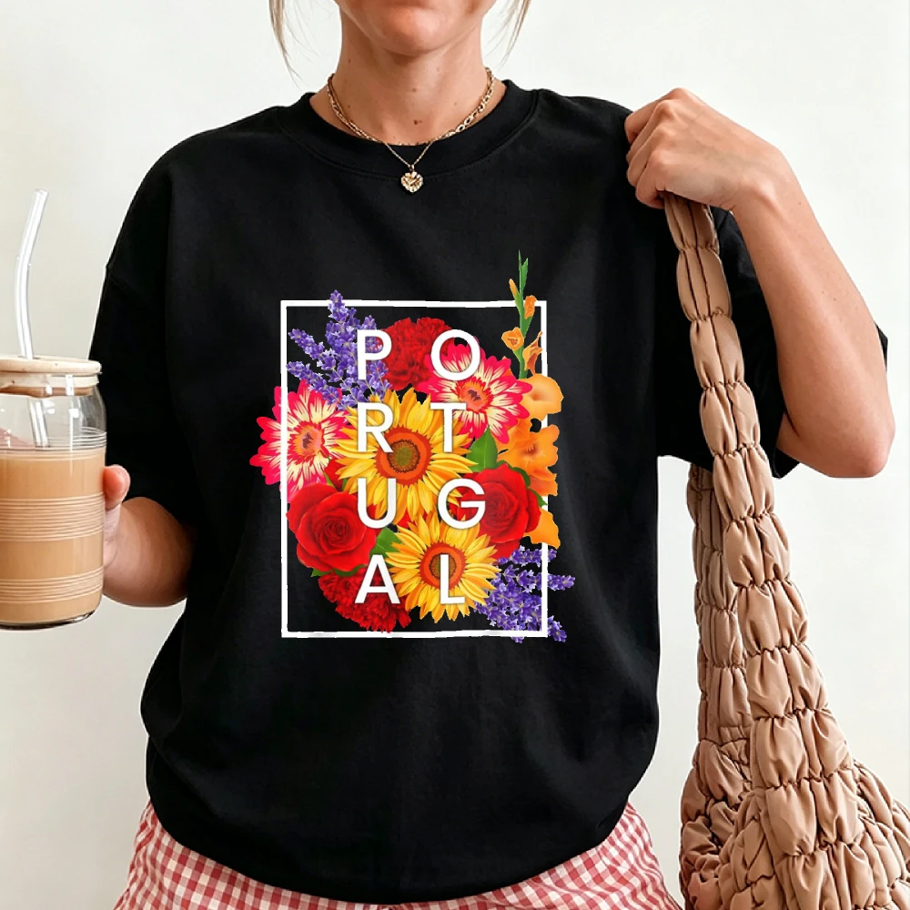 PORTUGAL Sunflower Red Rose Lavender Tropical Floral Square Frame Letter Print Women Cotton T Shirt Country Patriotic Travel Tee